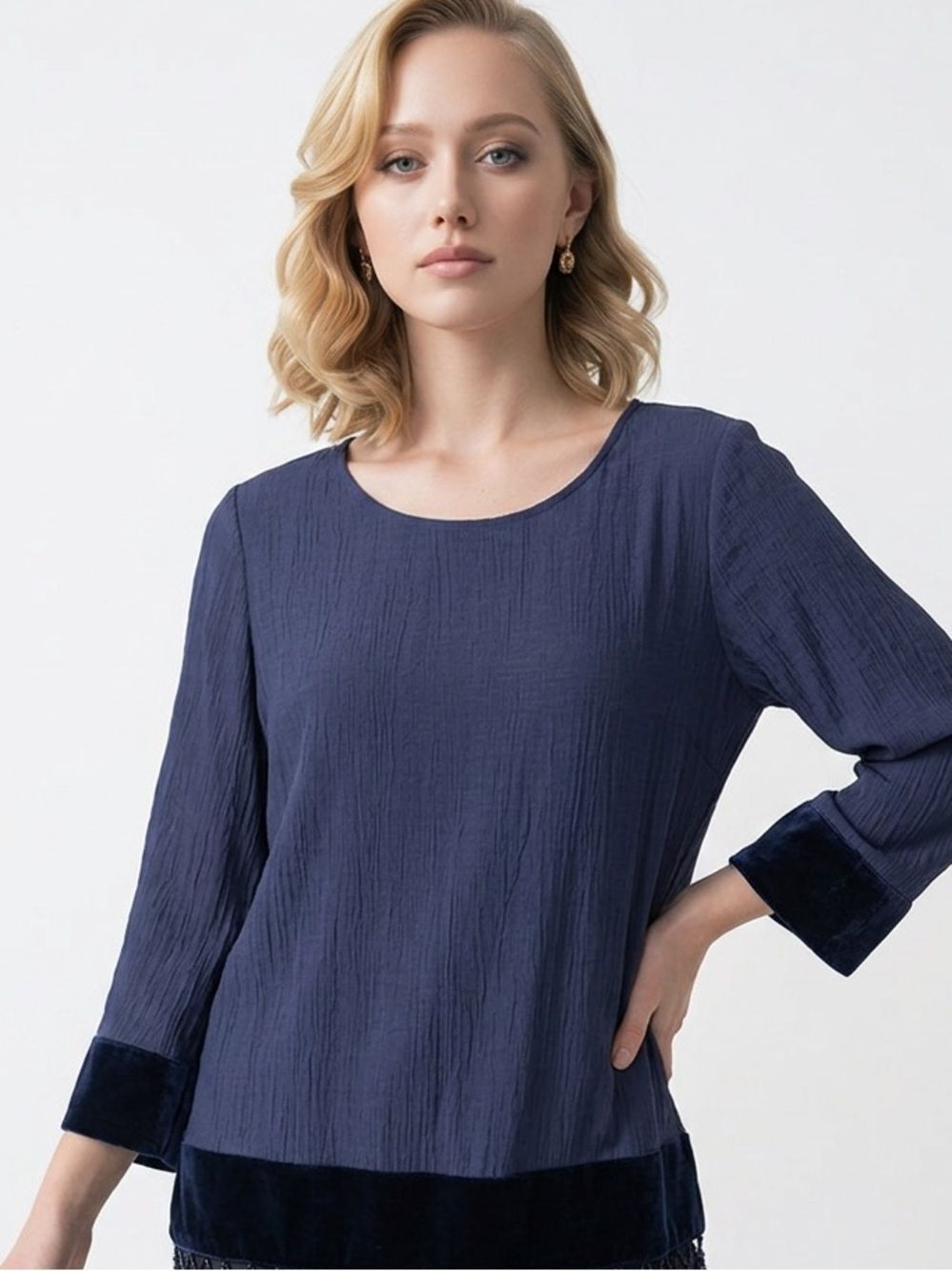 KRAZY KAT | Navy Blue Beaded Long Sleeve Top Small